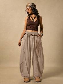 Easelle 女士休闲斜插口袋毛边裤筒裤宽松裤肥大服纱布服装 - 駝色 - 查看 5