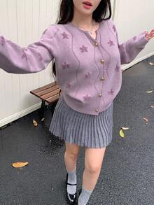 DAZY Áo khoác cardigan dệt kim họa tiết ngôi sao thời trang công sở rộng rãi cho nữ, họa tiết khối màu sọc mảnh, nút kim loại trang trí, phù hợp cho mùa thu đông - Màu tím - Xem 6