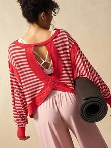 VARSIVA Women's Contrast Stripe Long Sleeve Sports T-Shirt Open Back Workout Top Open Back Athletic Top Gym Tops Rib Knit Open Back Tops Workout Tops - Multicolor - View 8