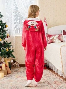少女可爱卡通动物睡衣驯鹿连帽舒适家居服睡衣连体衣，圣诞节 - 彩色 - 查看 2