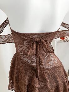 Flirla Retro Elegant Sexy Ruffled Layered Low-Cut Slim Fit Spaghetti Strap Asymmetrical Dress, Versatile For Early Autumn - Brown - View 6