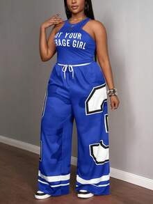 Slaydiva 2025 New Summer Casual Screenshots Sexy Sports Style Ball Suit Round Neck I-Shaped Vest Slogan Logo White Letter Print Truncated Red Vest + Wide-Leg Pants Trousers 23 Numbers Red Camouflage Striped Pr Club Two Piece Set 2 Piece Pants Sets Football Outfit Women Chill 2 Piece Set Club Outfits 2 Piece - Blue - View 9