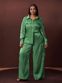 Slaydiva Sage Green,Autumn,Elegant,Formal Plus Size 2 Pieces Set Loose Shirt Collar Long Sleeve Sparkly Top And Wide Leg Long Pants For Casual Streetwear Party - Green - View 7