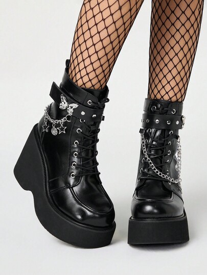 Women's Chunky Platform Round Toe Ankle Boots, Punk Gothic Style Metal Star Chain Butterfly Decor, Comfortable Casual Thick Heel Motorcycle Riding Boots, Autumn/Winter