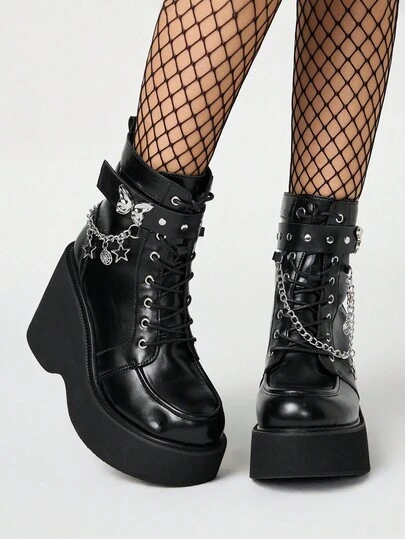ROMWE Goth 女式厚底圆头踝靴，朋克哥特风格金属星链蝴蝶装饰，舒适休闲粗跟摩托车骑行靴，秋冬