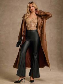 Glamine Women's Black Leggings, Slim Fit Flared Pants, High Stretch PU Leather Pants - Black - View 5