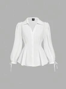 SHEIN MOD Áo sơ mi dài tay kẻ sọc thanh lịch dành cho nữ cỡ lớn, áo kiểu ôm eo tay phồng, phù hợp cho công sở, mặc thường ngày, áo sơ mi buộc dây, áo sơ mi và áo kiểu nữ, áo kiểu trắng, áo kiểu chuyên nghiệp, áo sơ mi thắt nơ. - trắng - Xem 1