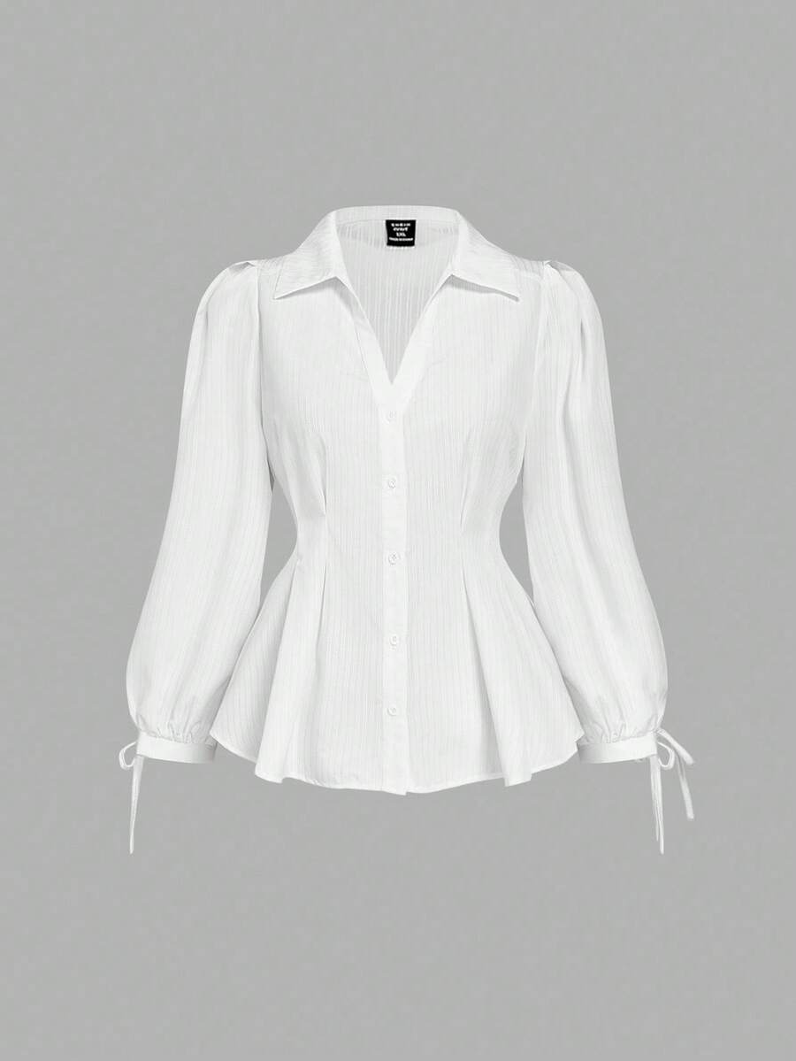 SHEIN MOD Áo sơ mi dài tay kẻ sọc thanh lịch dành cho nữ cỡ lớn, áo kiểu ôm eo tay phồng, phù hợp cho công sở, mặc thường ngày, áo sơ mi buộc dây, áo sơ mi và áo kiểu nữ, áo kiểu trắng, áo kiểu chuyên nghiệp, áo sơ mi thắt nơ. - trắng - Xem 1