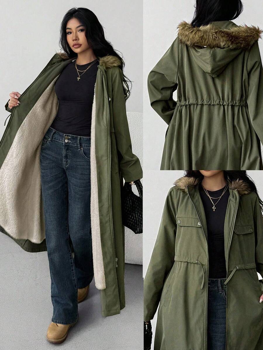 SHEIN Teens Girls' Loose Casual Minimalist Comfortable Hooded Thermal Lined Warm Cinched Waist Long Jacket