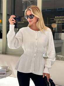 EURMUSE Women Solid Color Front Button Round Neck Cardigan - Beige - View 6