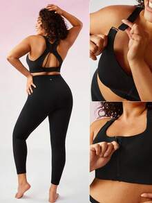 GLOWMODE Plus Medium Support Black Zip Front Buckle Up Racerback Wide Adjustable Strap Sports Bra Yoga Plus Size Sports Bra - Black - View 8