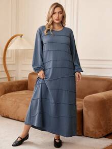 Rosumi Plus Size Women Solid Round Neck Long Sleeve Dress,Fall Clothes