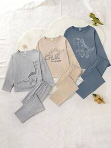 青少年男孩舒适恐龙印花长袖上衣和裤子睡衣套装，秋季 - 卡其色 - 查看 8