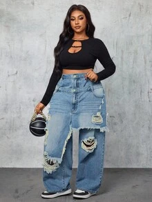 Slaydiva Plus Size Double Waistband Distressed Frayed Hem Streetwear Jeans - Blue - View 6