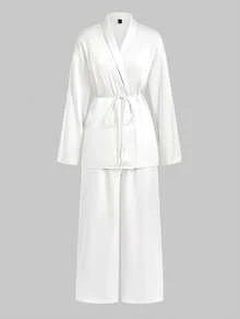 Maija Bộ đồ thu 2025 cho nữ, áo cardigan tay dài buộc dây phía trước bằng vải satin vân chéo màu trơn và quần co giãn cạp chun, phù hợp mặc trong lễ hội âm nhạc, tiệc tùng, công sở, trang phục công sở, áo cánh thanh lịch - trắng - Xem 9