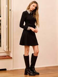lacRébo Vintage Black Rib Knit Mini Dress With Contrast Printed Collar And Cuff,Elegant Office,Autumn Spring Back-To-School Style - Black - View 1