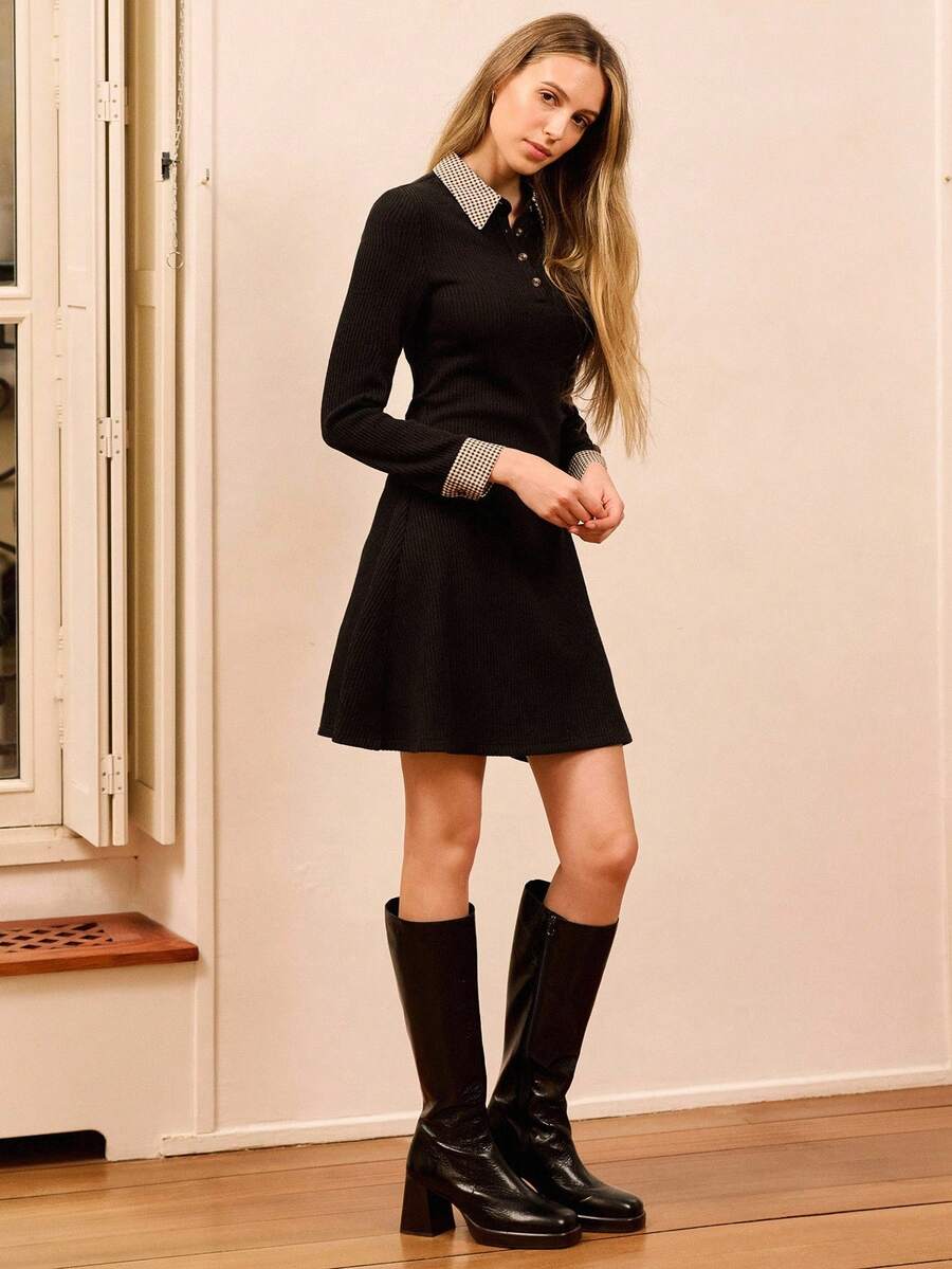 lacRébo Vintage Black Rib Knit Mini Dress With Contrast Printed Collar And Cuff,Elegant Office,Autumn Spring Back-To-School Style - Black - View 1
