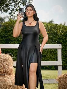 SHEIN EZwear Plus Size PU Leather Slit Backless Tank Top And Leggings Set - Black - View 4