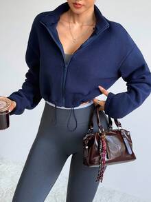 Dewbera Dewbera Chaqueta deportiva corta de unicolor con cordón para mujer, otoño/invierno - Azul Marino - Ver 3