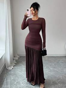 Rafferiza Damen elegantes figurbetontes Kleid mit rundem Ausschnitt, einfarbig, Langarm, Strick-Mesh-Patchwork, plissierter Saum