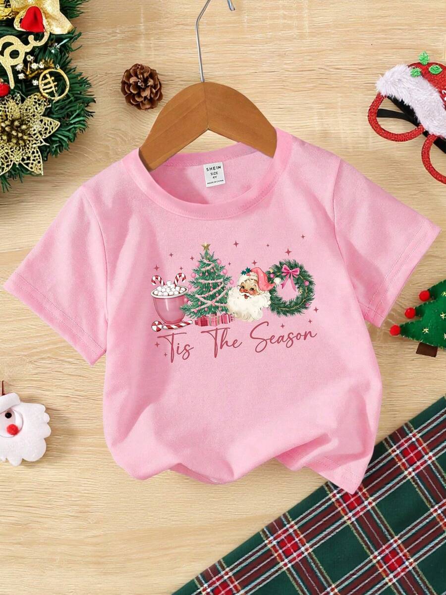 Merry Christmas Tween Girl Christmas Outfit - Fashionable, Unique, Fresh, Cute Christmas Tree, Bow, Santa Claus, Candy Cane, Letter Graphic Print Short Sleeve T-Shirt, Suitable For Christmas Party Christmas Clothes For Girls Pink Tops For Kids Christmas T-Shirt Girl T Shirt For Girls Girls Christmas Shirt