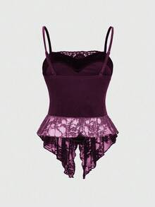 ROMWE Goth Kamisol Beludru Gelap Halloween & Renda Kontras - Purple - View 2