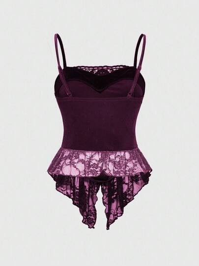 Goth Camisole en velours sombre et dentelle contrastée pour Halloween