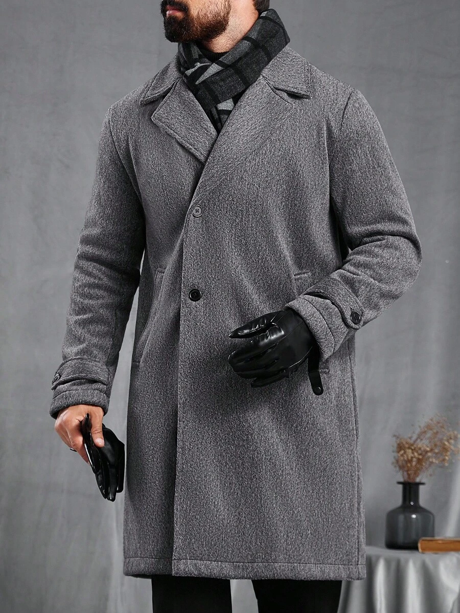 Manfinity CasualCool 男士纯色简约日常长袖大衣 男士长款外套 男士外套 男士教堂灰冬季 - 深灰色 - 查看 1