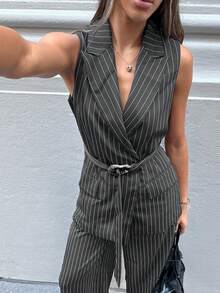 Siren Gaze 女式翻领无袖条纹休闲西装外套 - 深灰色 - 查看 3