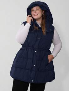 SHEIN CURVE+ Curve Plus 拉链连帽背心外套，冬季款 - 藏蓝色 - 查看 6
