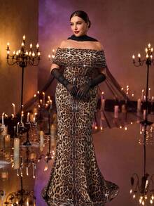 Glamrae Váy dạ hội đuôi cá hở vai họa tiết da báo sang trọng lãng mạn cỡ lớn - màu nâu - Xem 6