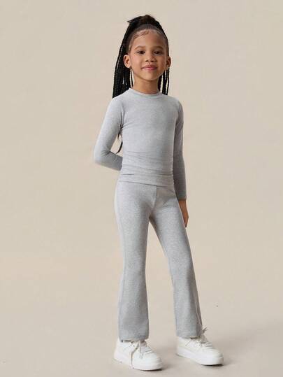 SHEIN 2pcs/Set Young Girls Activewear, Long Sleeve Top + Pants, Comfortable Fabric, Suitable For All Seasons