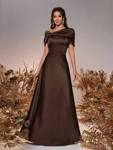 SHEIN Belle 女士优雅浪漫灰绿色缎面露肩扭结不对称蝴蝶结 A 字正式伴娘礼服，适合婚礼活动