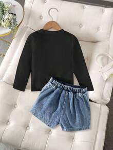 Elladie kids Girls' Casual Fashion Daily Street Crew Neck Long Sleeve Bow & Pearl Design T-Shirt With High Waist Short Denim Skort, Back To School Outfit, All Season