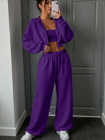 INAWLY 2pcs Women Solid Color Hooded Long Sleeve Top And Elastic Waist Long Pants Set