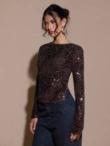 SHEIN BAE Women's Fashionable Sexy Sequin Backless Long Sleeve T-Shirt