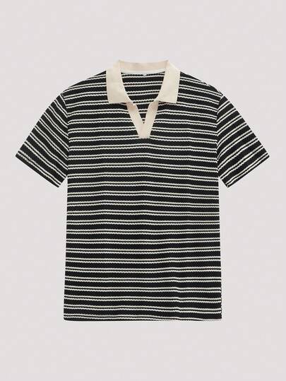 Open Phase STONE DISTRICT Men's Casual Fashionable Short Sleeve Pullover Shirt, Soft Comfortable Breathable Stripe Knit Fabric, Unique High-End Design, Summer Top Spring To Summer
