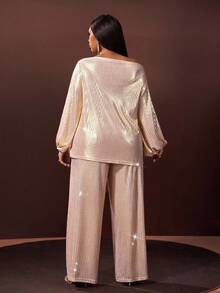 Veslaya 2025 Automne/Hiver Nouveau Ensemble 2 pièces femme grande taille, top ample à manches évasées et épaules dénudées, ourlet à cordon de serrage, couleur champagne, et pantalon slim extra long en tissu rayé brillant