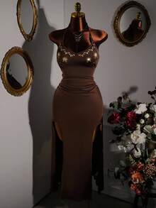 Amplova Y2K Retro Romance Plus Size Women Embroidered Fitted Halter Tie Back Dress Brown Dresses Classy Elegant