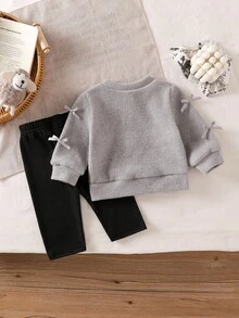 SHEIN 新生儿休闲秋冬时尚针织蝴蝶结夹克和纯色裤子套装 - 灰色 - 查看 2
