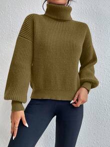 Celisse Sweater Pullover Kasual Longgar Lengan Panjang Kerah Tinggi Bahu Jatuh Warna Polos untuk Wanita, Musim Gugur/Dingin - Perunggu - View 3