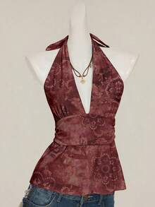 SHEIN ICON Halter Deep V-Neck Cinched A-Line Backless Vintage Paisley Print Bohemian Backless Camisole, Sexy Club Wear For Women, Y2K, Grunge, Goth Cyber Punk And Aesthetic Style - Multicolor - View 4