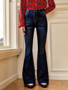 Écloséra Women Simple Daily Flared Jeans Western Women Attire - Dark Wash - View 3