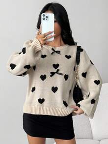 SHEIN Suéter holgado de punto con decoración de lazo y estampado de corazones para adolescentes - Caqui - Ver 6