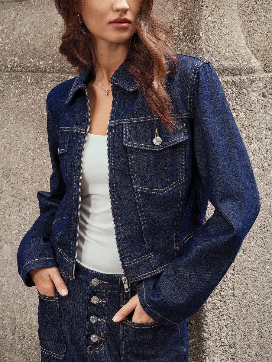 Selenza 女式复古时尚休闲拉链短款牛仔夹克 - 深色水洗藍 - 查看 1