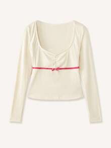 lacRébo Ribbed Long Sleeve Top With Vellvet Pink Bow Detail Spring Women Spring Summer French Style Parisian Style - Apricot - View 5