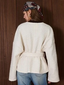 Easelle 女士纯色落肩长袖休闲复古宽松外套，秋冬大衣，秋冬复古简约女装 - 白色 - 查看 2