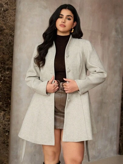 Roveilla 大码女式立领收腰A字喇叭下摆中长款大衣，秋冬款