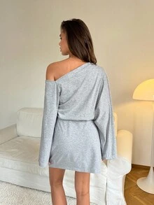 SHEIN Tall 女士时尚通勤纯色不对称领喇叭袖迷你连衣裙，露肩，俱乐部连衣裙，女士秋季连衣裙 - 灰色 - 查看 2