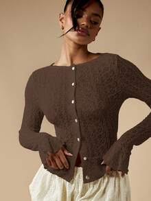 MISSGUIDED Textured Knit Button Up Cardigan With Ruffle Hem Long Sleeve Fall Winter Lightweight Peplum Sweater Holiday Party Office Wear - Brown - View 5